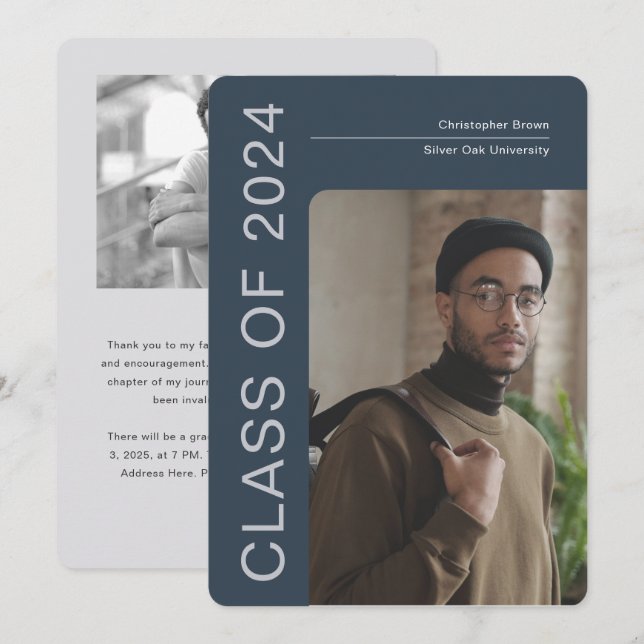 Minimalist Blue, Class of 2024, Modern Graduation Announcement (Front/Back)