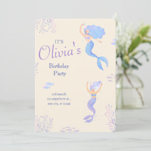 Minimalist Blue & Cream Girl's Mermaid Birthday Invitation
