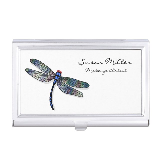 Minimalist Blue Dragonfly Business Card Holder (Front)