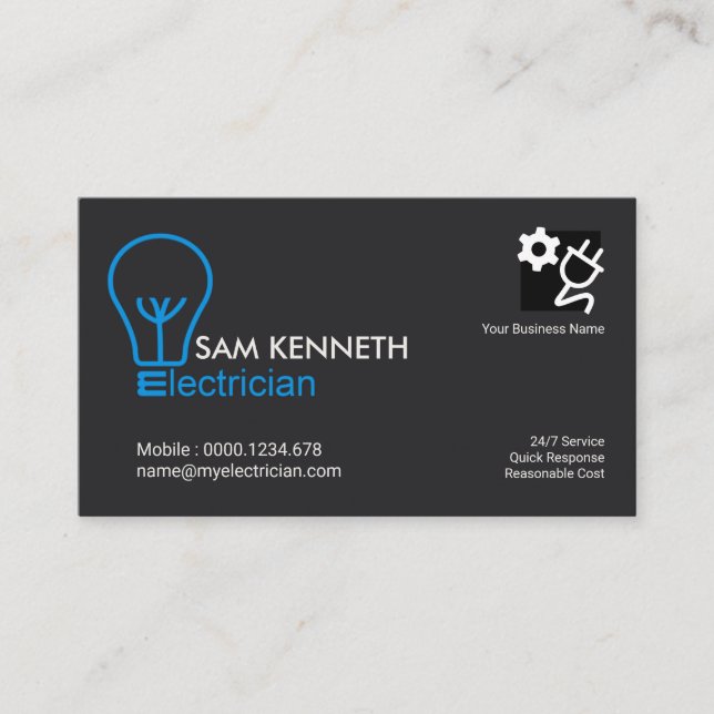 Minimalist Blue Electrician Bulb Electrical Business Card (Front)