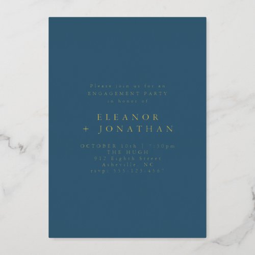 Minimalist Blue Elegant Engagement Party Gold  Foil Invitation