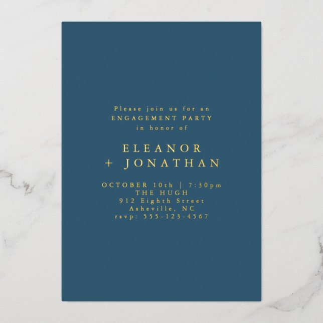 Minimalist Blue Elegant Engagement Party Gold  Foil Invitation (Front)