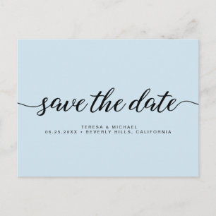 Minimalist Blue Engagement Save The Date Script Postcard