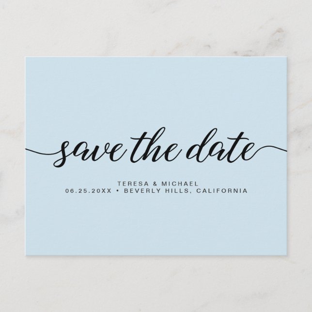 Minimalist Blue Engagement Save The Date Script Postcard (Front)
