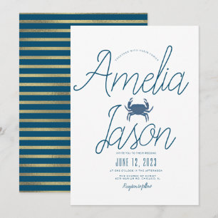 Minimalist Blue Faux Foil Script Crab Wedding Invitation