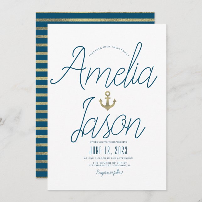 Minimalist Blue  Faux Foil Script Nautical Wedding Invitation (Front/Back)