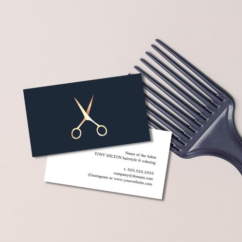 Minimalist Blue Faux Gold Scissors Hair Stylist Business Card