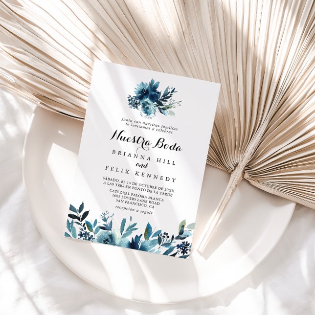 Minimalist Blue Floral Nuestra Boda Wedding Invitation (Creator Uploaded)