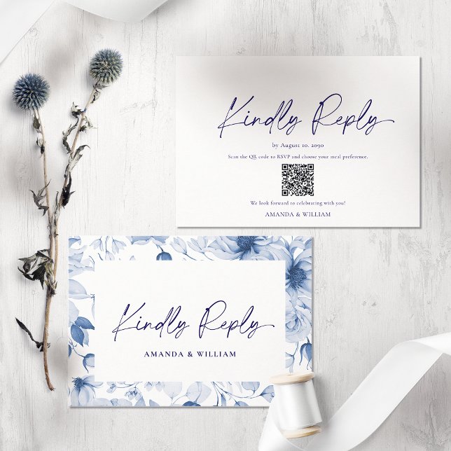 Minimalist Blue Floral RSVP Card – QR Code (Creator Uploaded)