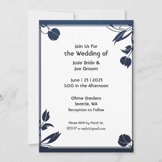 Minimalist blue floral wedding invitation (Front)