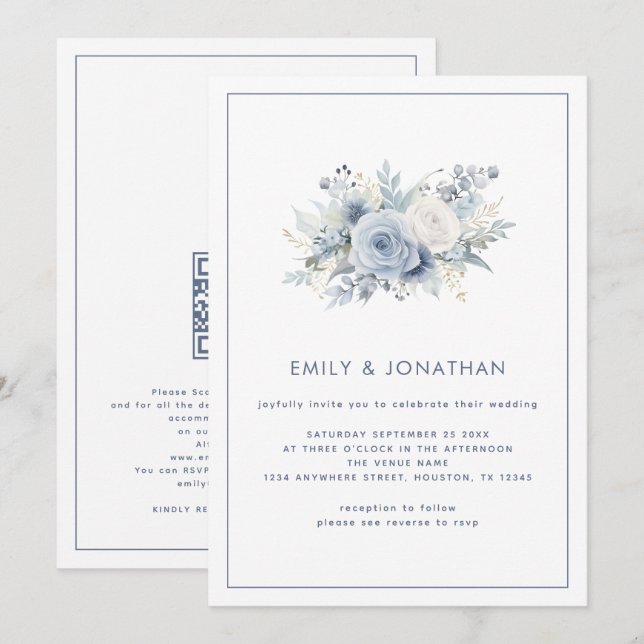 Minimalist Blue Florals Line Border QR Wedding Invitation (Front/Back)