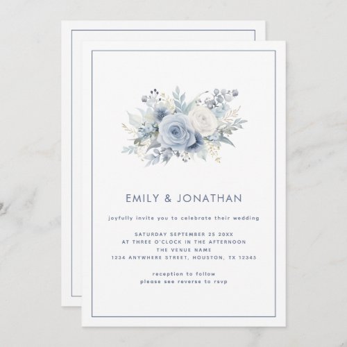 Minimalist Blue Florals Line Border QR Wedding Invitation