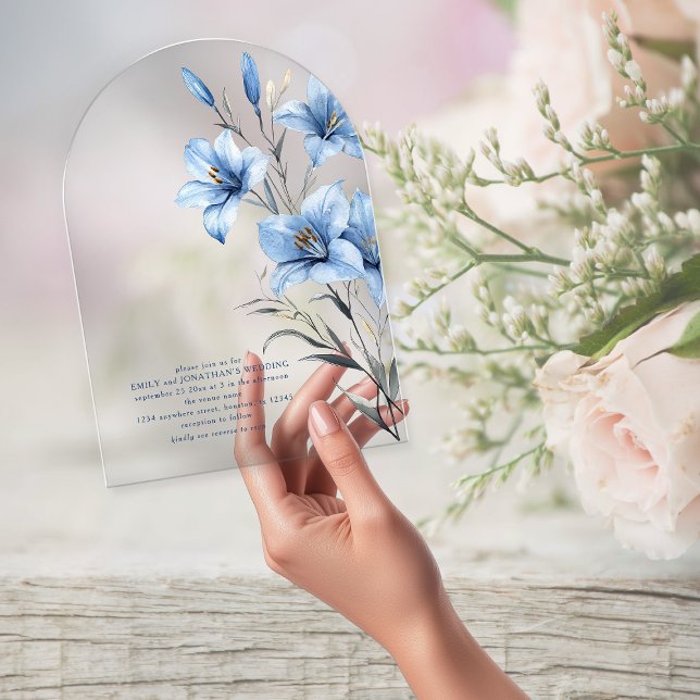 Minimalist Blue Florals QR Code Wedding Arch Acrylic Invitations (Creator Uploaded)