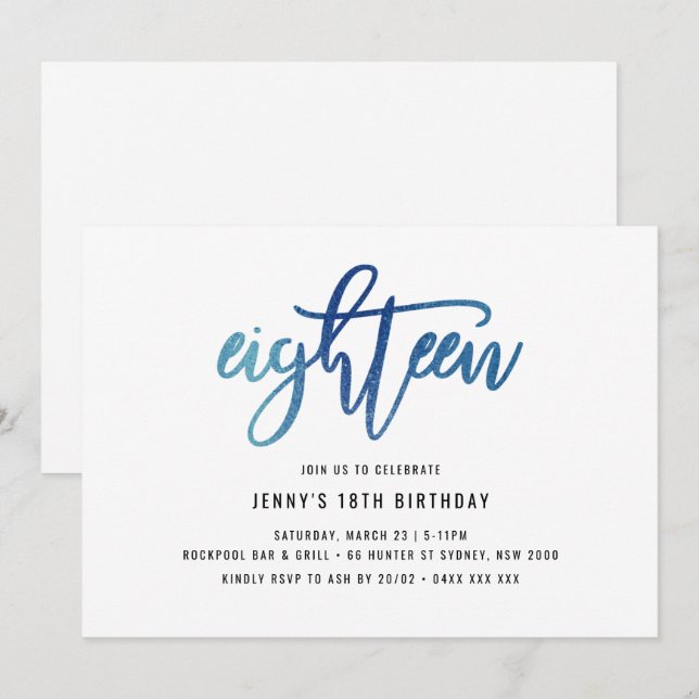 Minimalist Blue Foil 18th Birthday Invitation (Front/Back)