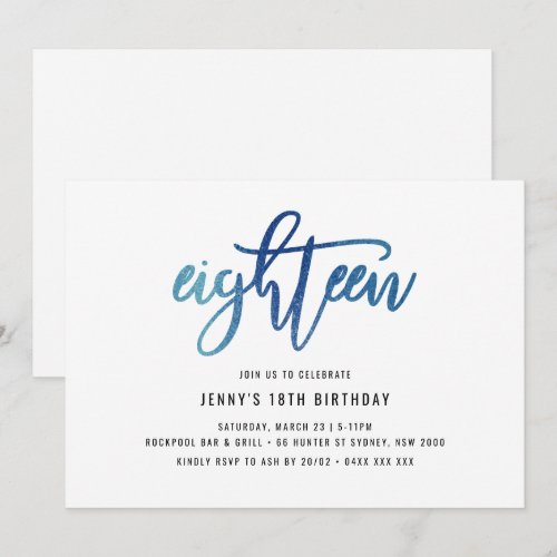 Minimalist Blue Foil 18th Birthday Invitation