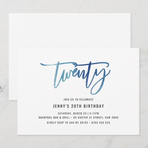 Minimalist Blue Foil 20th Birthday Invitation