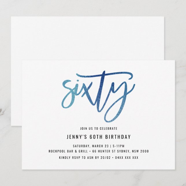 Minimalist Blue Foil 60th Birthday Invitation (Front/Back)