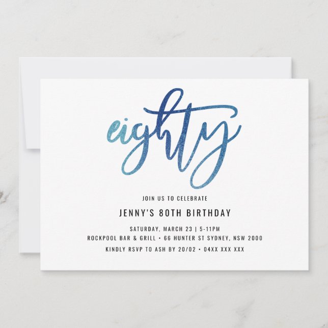 Minimalist Blue Foil 80th Birthday Invitation (Front)