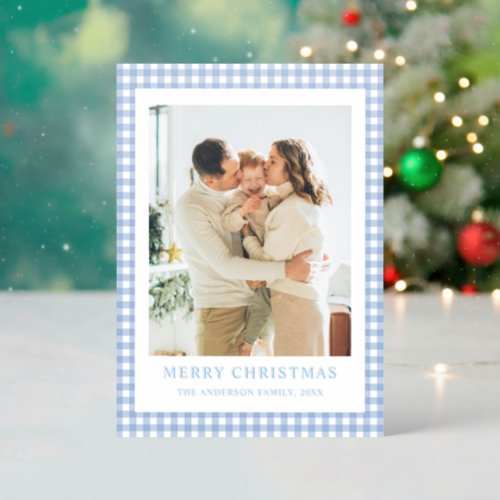 Minimalist Blue Gingham Christmas Photo Letterpress Photo Cards