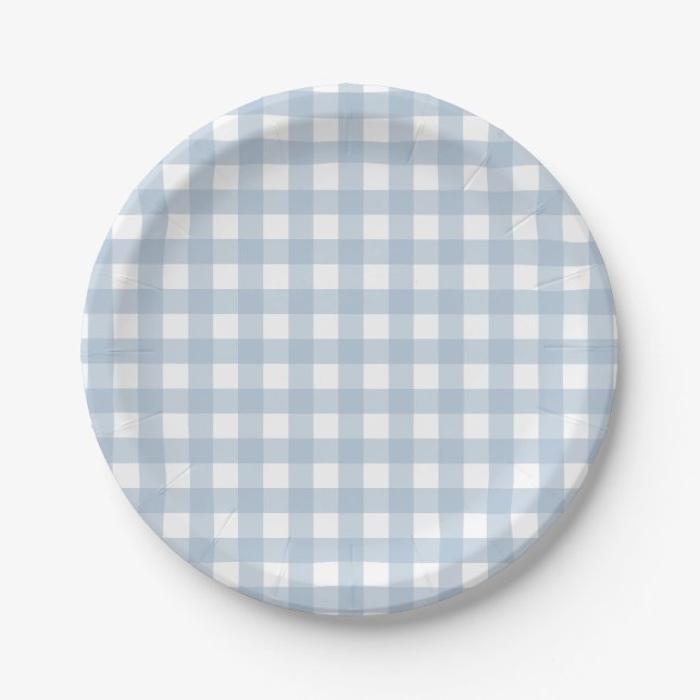 Minimalist Blue Gingham Plaid Pattern Paper Plates (Front)