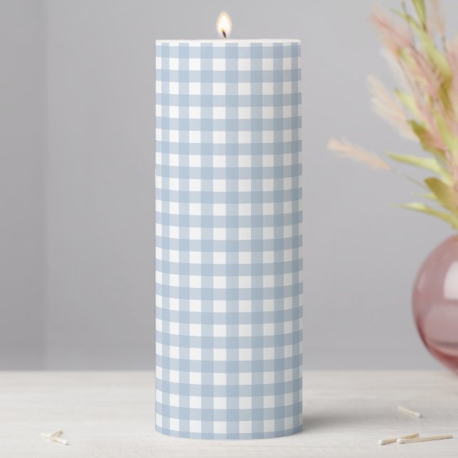 Minimalist Blue Gingham Plaid Pattern Pillar Candle (In Situ)
