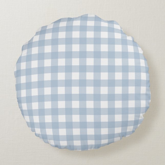 Minimalist Blue Gingham Plaid Pattern Round Pillow (Back)