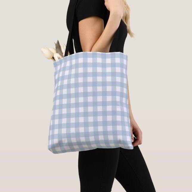 Minimalist Blue Gingham Plaid Pattern Tote Bag (Close Up)