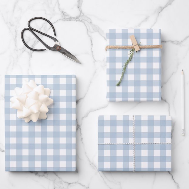 Minimalist Blue Gingham Plaid Pattern Wrapping Paper Sheets (Front)