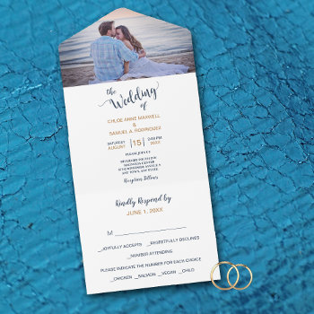 Minimalist Blue Gold Photo All In One Wedding All In One Invitation by AvenueCentral at Zazzle