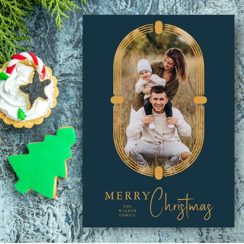 Minimalist Blue Gold Vintage Exquisite Oval Photo Holiday Card