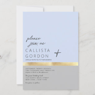 Minimalist Blue Gray Gold Color Block Wedding Invitation