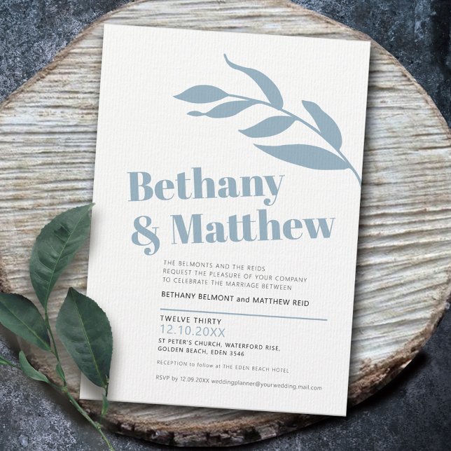 Minimalist blue gray white olive leaves wedding invitation (Creator Uploaded)