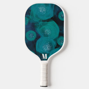 Minimalist Blue Green Sparkle Modern Monogram Pickleball Paddle