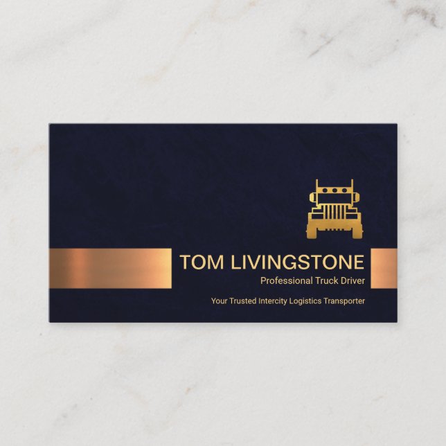 Minimalist Blue Grunge Gold Stripe Trucking Business Card (Front)