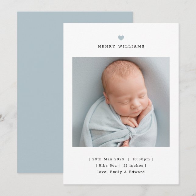 Minimalist Blue Heart Boy Birth Announcement (Front/Back)