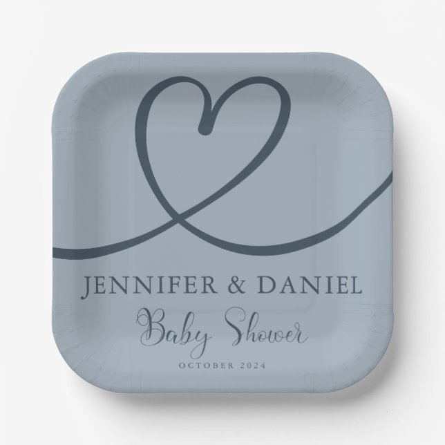 Minimalist Blue Heart Handwritten Elegant  Paper Plates (Front)