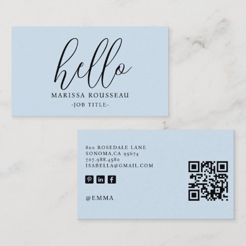 Minimalist Blue Hello QR Code Business Card