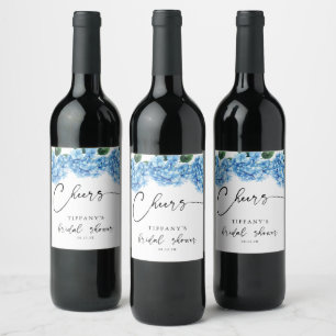 Minimalist Blue Hydrangea Floral Bridal Shower Wine Label