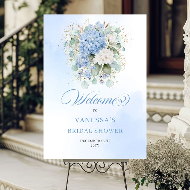 Minimalist Blue Hydrangea Gold Welcome Poster (Minimalist Blue Hydrangea Gold Welcome Poster)