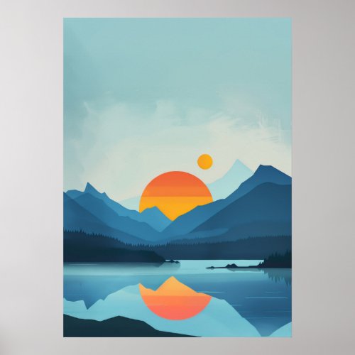 Minimalist Blue Lake and Mountain Silhouette Poster