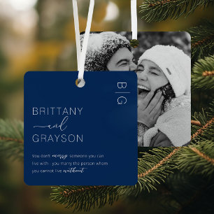 Minimalist Blue Married Photo Christmas Metal Ornament