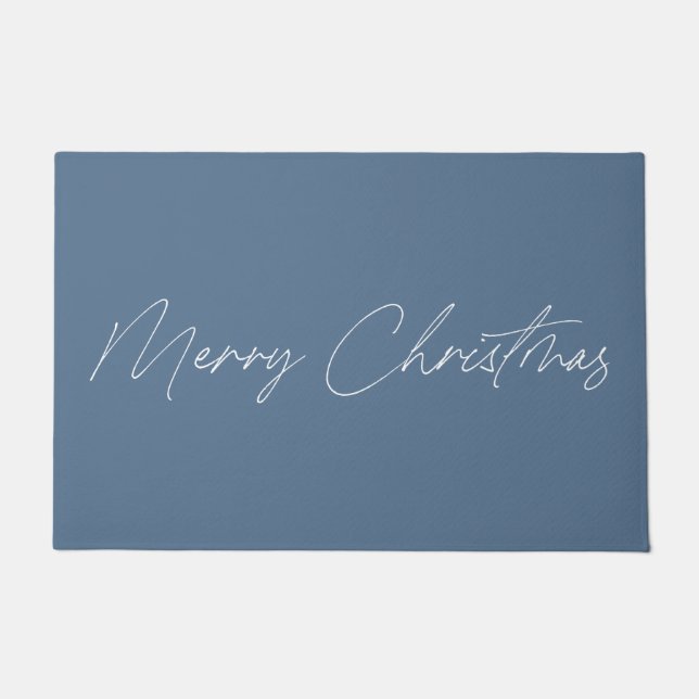 Minimalist Blue Modern Calligraphy Merry Christmas Doormat (Front)