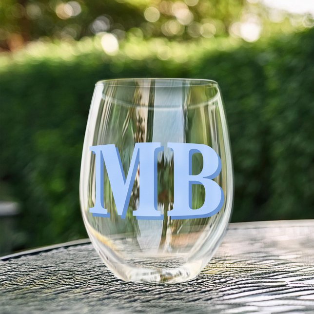 Minimalist Blue Modern Initial Monogram Stemless Wine Glass (Creator Uploaded)