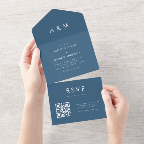 Minimalist Blue Modern QR Code Website Wedding All In One Invitation