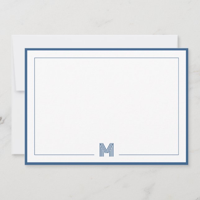 Minimalist Blue Monogram Double Border Stationery Note Card (Front)