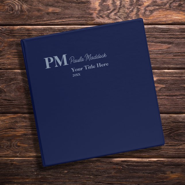Minimalist Blue Monogram Name on Navy 3 Ring Binder (Creator Uploaded)