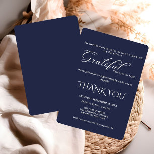 Minimalist blue navy & white script appreciation invitation