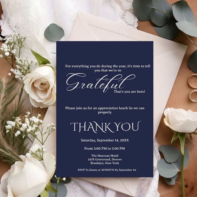Minimalist blue navy & white script appreciation  invitation (Creator Uploaded)