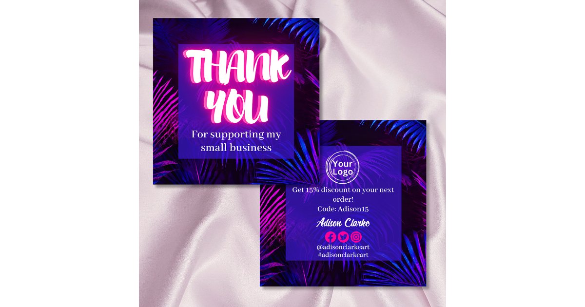 Minimalist Blue Neon Custom Logo Thank You Square Business Card | Zazzle