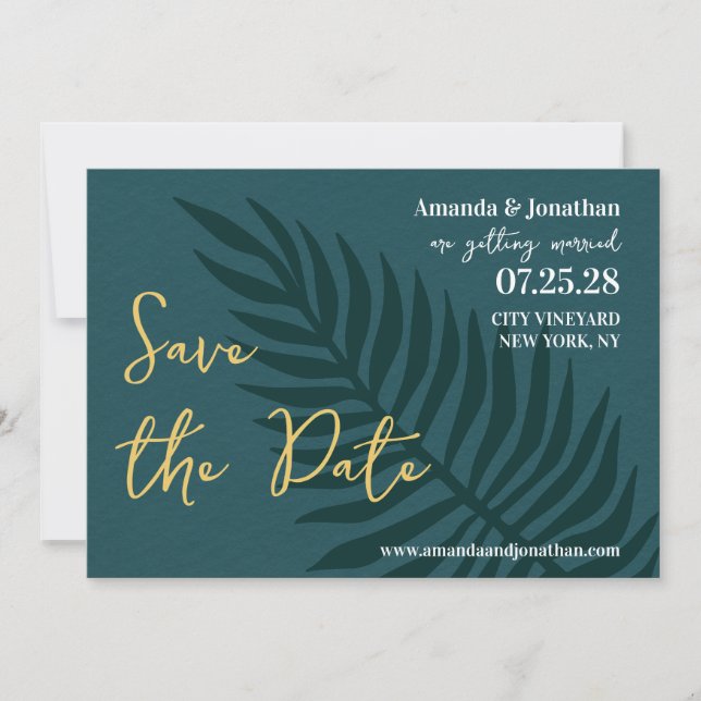 Minimalist Blue Palm Leaf Wedding Save the Date  Invitation (Front)